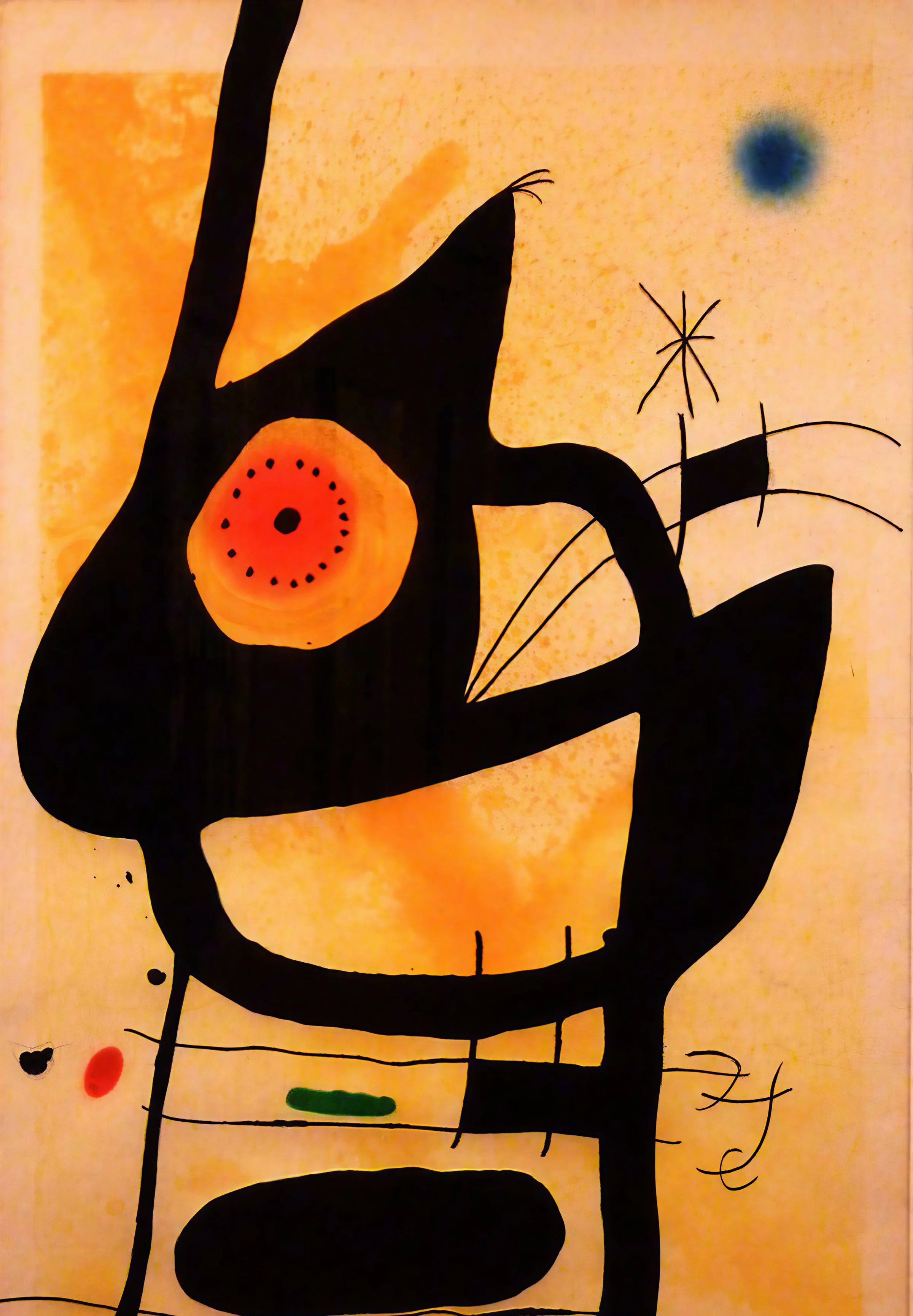 Joan Miró print — black bowed figure on warm orange ground, with star and disc