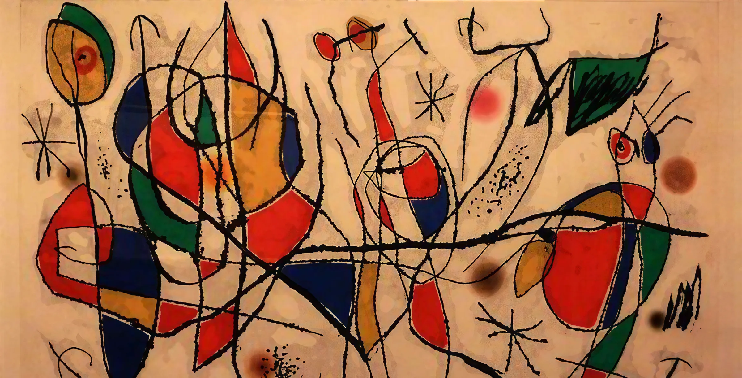 Joan Miró print — dense multi-colour composition, birds and women among a black grid of lines
